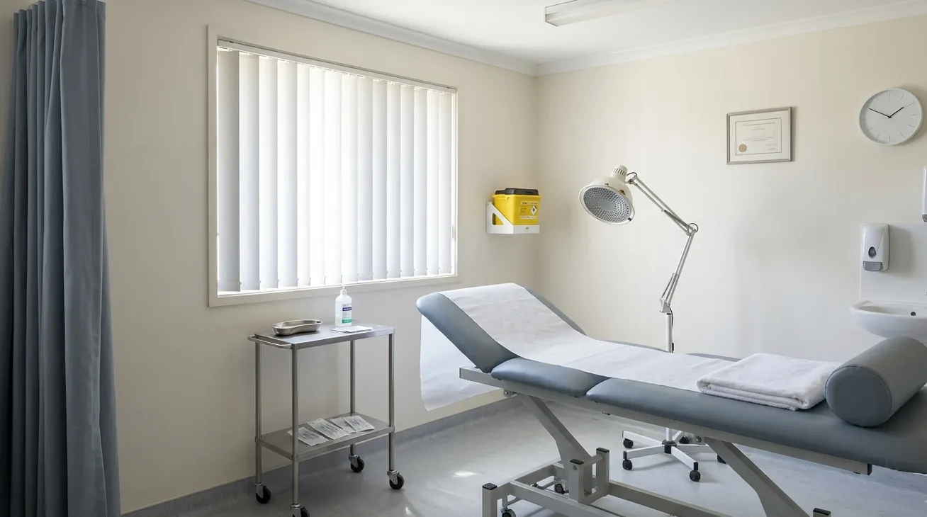A clinic treatment room with a padded table, heat lamp, instrument trolley and sharps container
