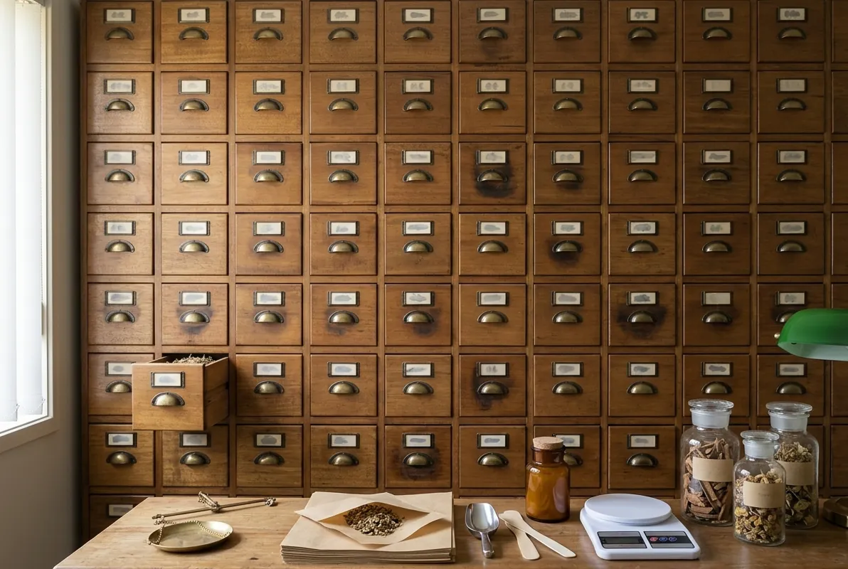 A wall of labelled herb drawers in a Chinese medicine dispensary, with brass scales, jars and paper wrapping on the bench below